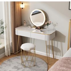 NEW/Small Vanity Desk with Mirror and Lights, 39" White and Gold Makeup Vanity Set with 2 Drawers & Matching Stool, Modern Dressing Table for Women, B