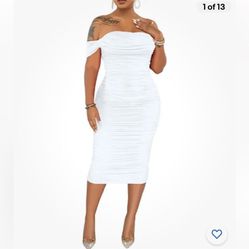 New Gauze Pleated Sexy Midi Dress Slim Off Shoulder White Elegant Party Dress Size - Medium 