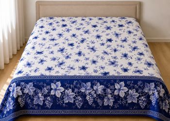 100% Cotton Blue & White Floral Bedspread / Flat Sheet – King Size