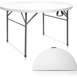 122YZ 4-Foot Round Bi-Fold White Plastic Event Folding Table with Handle, 48*48*29

