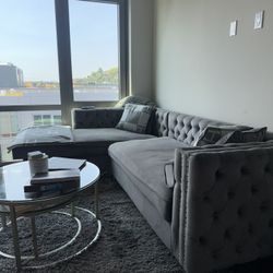 Grey Velvet L-Shaped Sectional Couch – Tufted, Modern & Comfy