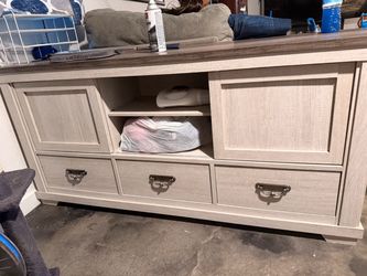 Gray Wood TV Stand with Drawers and Shelves
