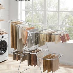 SONGMICS 2-Level Clothes Airer Foldable Clothes Drying Rack with Adjustable Wings - Silver / White