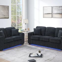 2pc Sofa Set - Black Sofa & Loveseat w/ LED Lighting