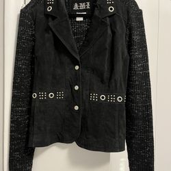 Ami Suede Leather Jacket With Knitted Sleeves And Grommet Detail SZ L