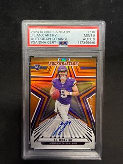 J.J. McCarthy 2024 Rookies & Stars RC Auto Orange PSA 9