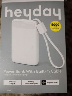 Heyday 5000mAh Power Bank with Built-In Cable