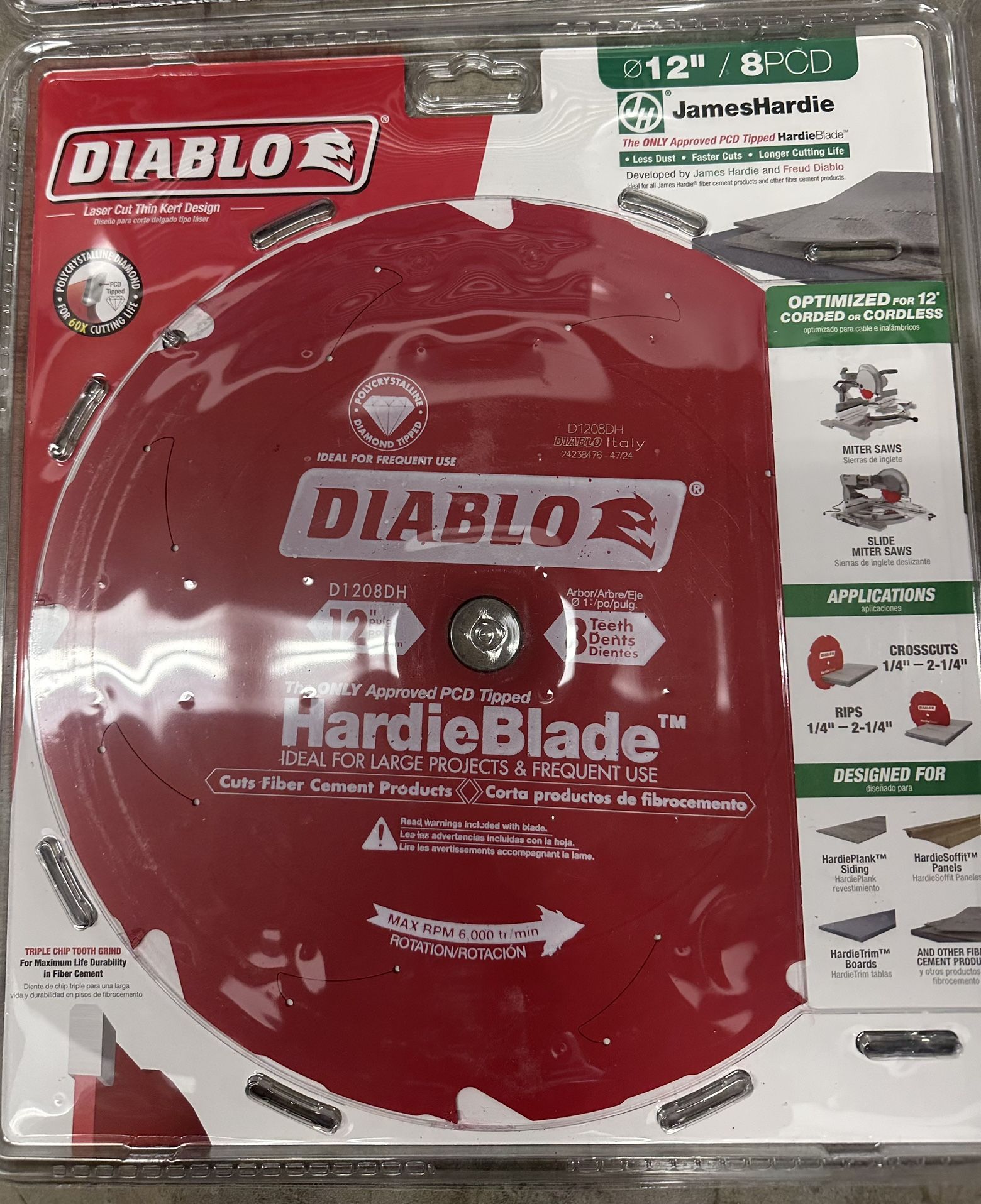 Diablo D1208DH 12” HardieBlade 8-Tooth Fiber Cement Saw Blade – New