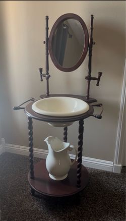 Vintage Wash Basin with Wood Stand and Mirror Porcelain Bowl And Pitcher.