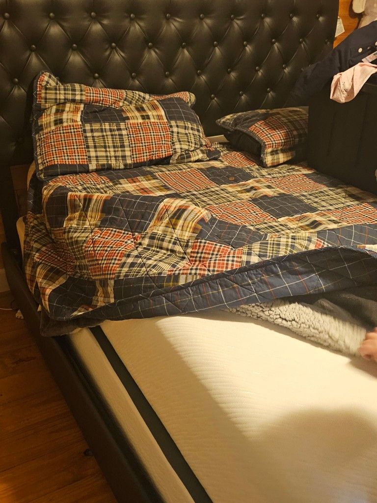 Queen size Real leather headboard and frame with mattress and boox spring basically brand new