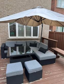 Outdoor Patio Furniture Sectional Set with Glass Table, Umbrella & Ottomans