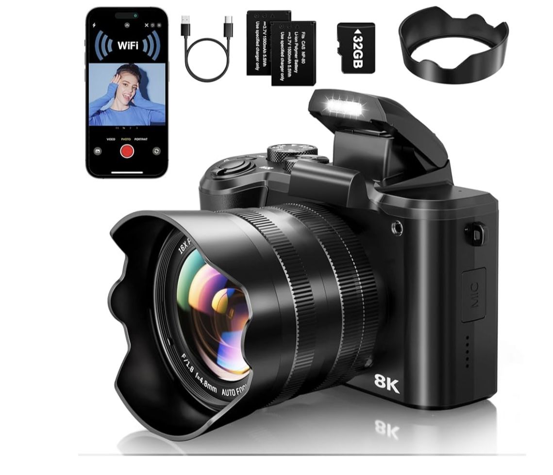 8K Digital Cameras for Photography - Autofocus 88MP WiFi Vlogging Camera for YouTube with Dual-Lens - 16X Digital Zoom Vlog Camera with Lens Hood, Fl