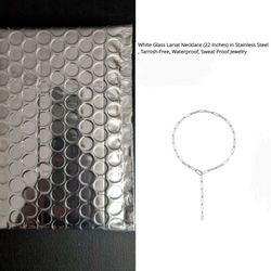 NEVER USED. White Glass Lariat Paperclip Necklace In Stainless Steel 