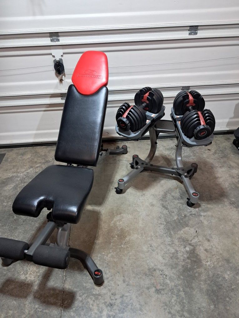 Bowflex Dumbbells, Weight Bench, Dumbbell Rack