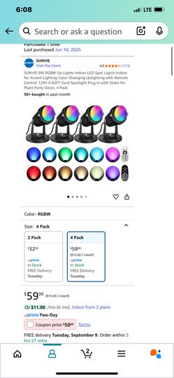 SUNVIE RGBW Lights Indoor LED for Accent Lighting Color Changing Uplighting with Remote Control 120V 4.92FT Cord Spotlight Plug in with Stake for Plan