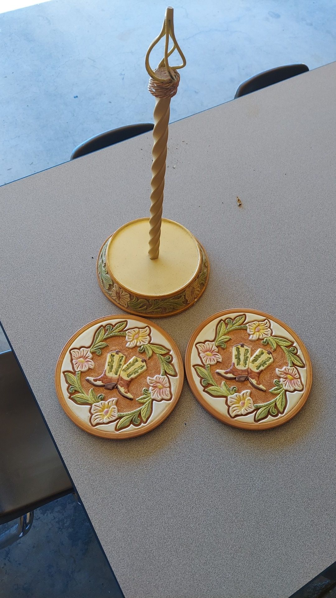 Figi, boots n blossom trivet, pot holder and towel holder