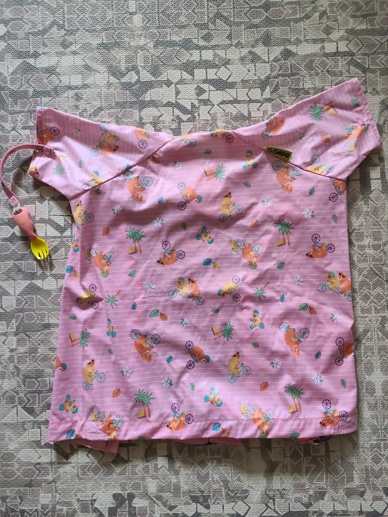 New Short Sleeve Bibado Pink Baby Led Weaning Apron with Attachable Spoon & Fork