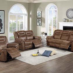 Brand New Brown Leather 3pc Reclining Sofa Set