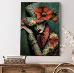 Elegant Woman with Floral Hat, Green & Red Patterned Wall Art 🌺Please Read Description