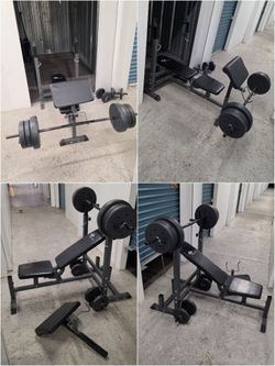Workout Bench Set w/ Peacher curl pad & 130lbs + Bar (1inch) & dumbell handles - Can deliver