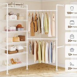 Clothes Racks with 2 Telescopic Rod & 6 Shelves, Heavy Duty Closet Organizers System in Wardrobe Closet, White