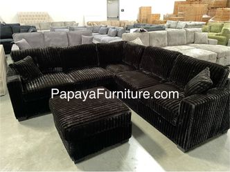 New Plush Black Sectional Sofa And Ottoman, Sectionals, Sofa, Couch, Plush Sectional, High Back Couch, Sofas, Black Sectional, Black Sofa, Black Couch