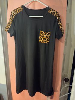 Black T-Shirt Dress with Leopard Print Accents