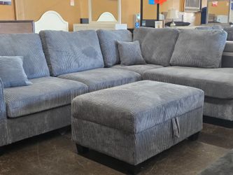 Gray Corduroy Sectional with storage ottoman