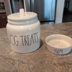 Rae Dunn Dog treats jar and "yum" bowl