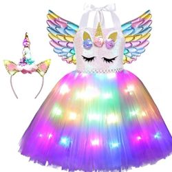 Girls Unicorn Party Costume  Dress with LED lights + Wings and Unicorn Headband with LED lights.