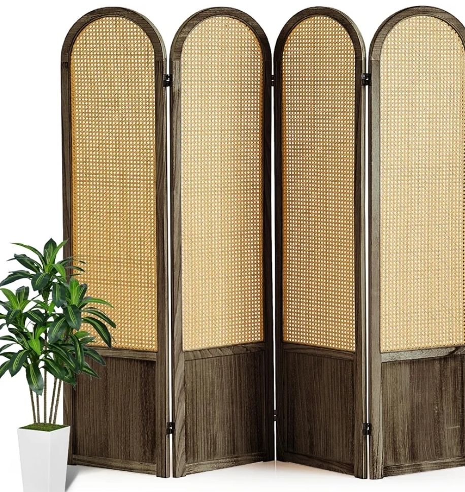 4 Panel Room Divider Wall, Folding Privacy Screen, Foldable Wood Divider Room Dec, Rattan Room Divider, Portable Partition Screen, Wall Divider for Ro