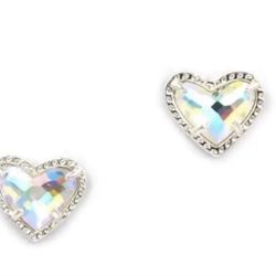 14k White Gold plated small Iridescent Dichotic Crystal Heart stud earrings
