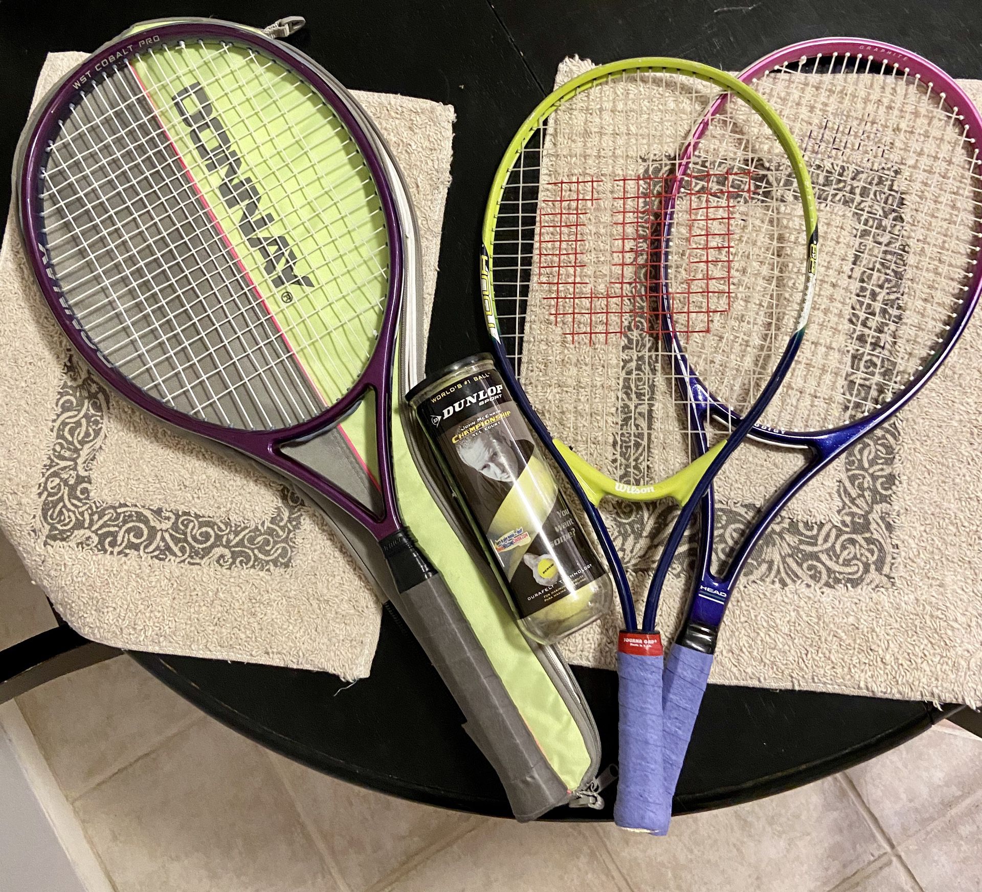 3 Tennis Rackets (1 adult, 2 smaller size rackets & 1 unopened can of Tennis balls)