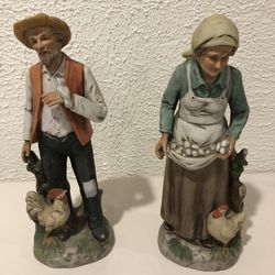 A Pair Of Homco Vintage Porcelain Figurine, Lady Farmer With Chicken Egg And Male Farmer Figurine With Bird  Rooster #1434