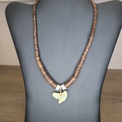 Artisan Brown Wood Shell Bead Shark Tooth Choker Necklace Beachy Vibe. Surfer