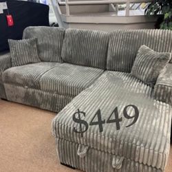 Stylish Gray Corduroy Convertible Sectional Sofa Set Brand New ‼️