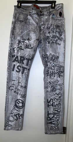 Iro-Ochi Graffiti Graphic Jeans Gray Acid Wash Mens Size 30 Streetwear Tokyo Y2K
