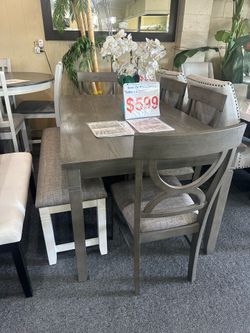 Brand new gray or white dining table + 4 chairs and bench