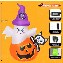  Inflables de Halloween de 5 pies de calabaza, fantasma, gato, decoraciones al aire libre con LED integrados para decoración de césped en interiores y