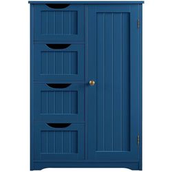 Wooden Bathroom Floor Cabinet, Side Storage Organizer Cabinet with 4 Drawers and 1 Cupboard, Freestanding Entryway Storage Unit Console Table, Bathro