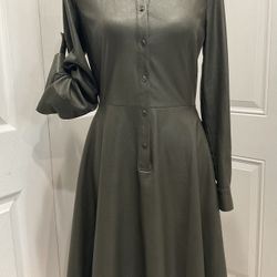 BCBGMaxAzria  Women’s Dark Olive Faux Leather Handkerchief Hem Dress, S