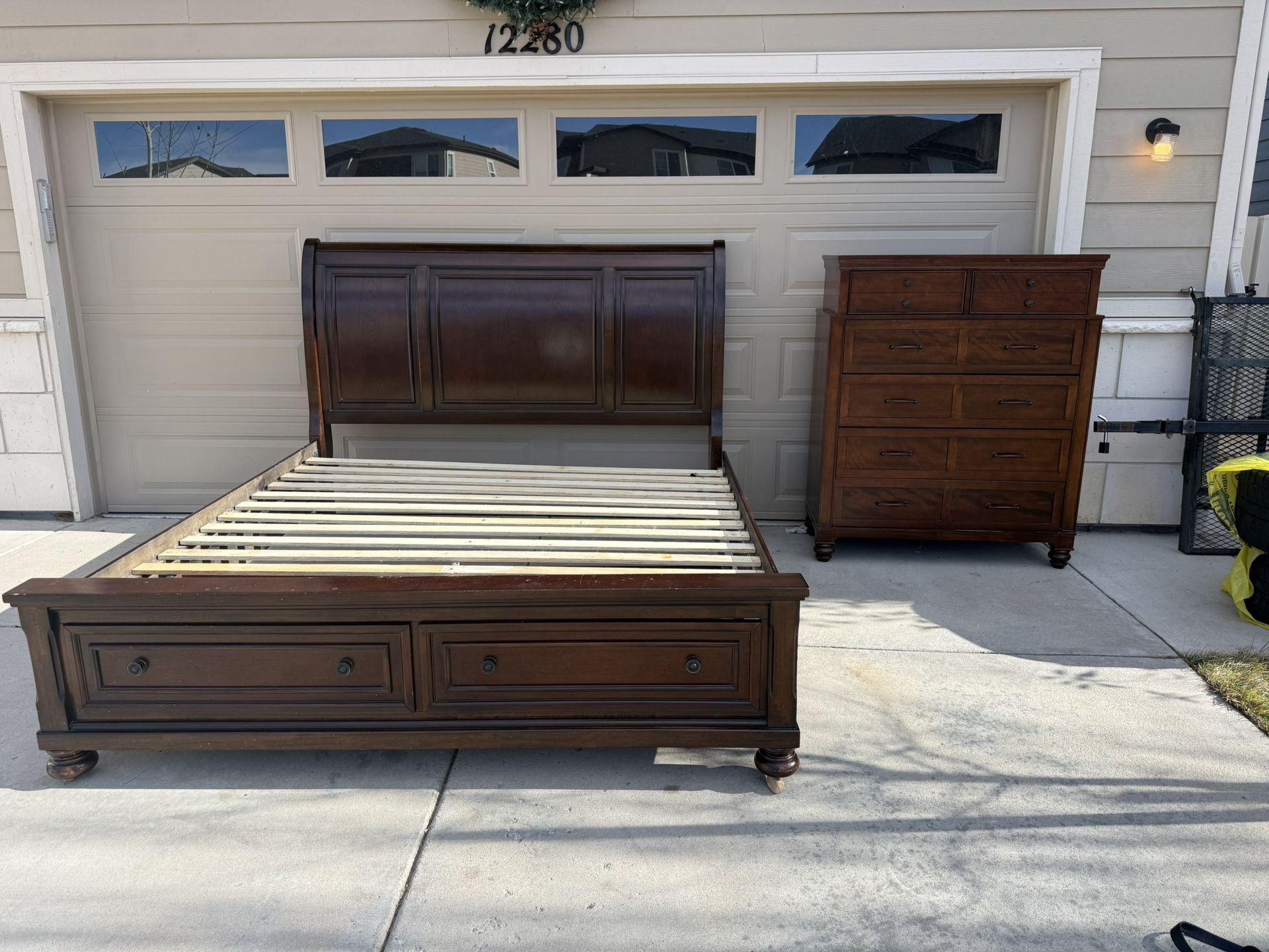 King Bedroom Set – Ashley furniture Bed frame with Clean Mattress & Costco Dresser