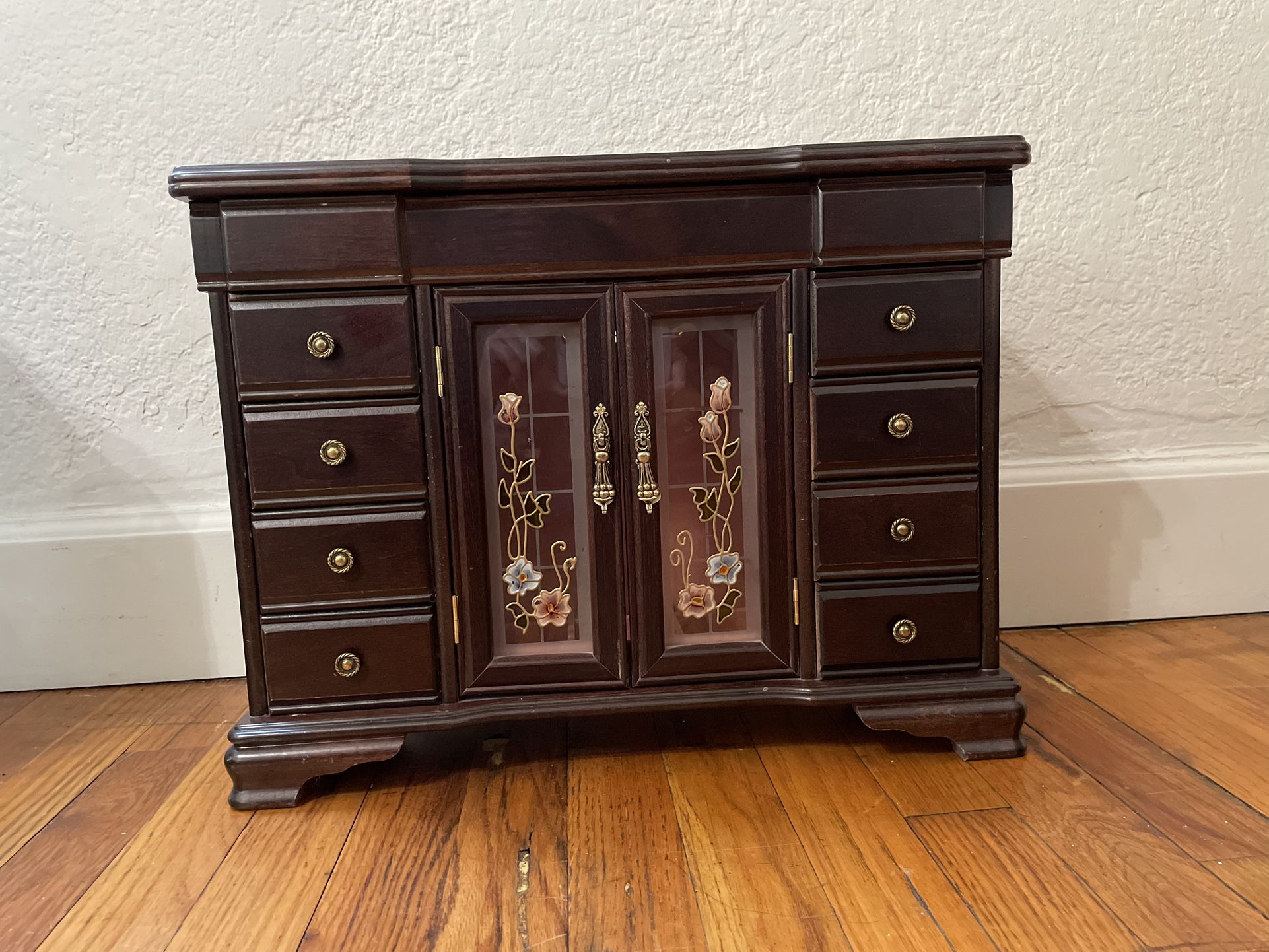 Jewelry Box Cherry Wood w/Etched Rose Armoire-Style Doors