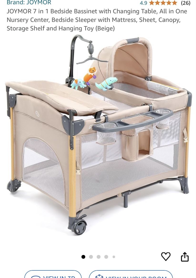 JOYMOR 7 in 1 Bedside Bassinet with Changing Table, All in One Nursery Center, Bedside Sleeper with Mattress