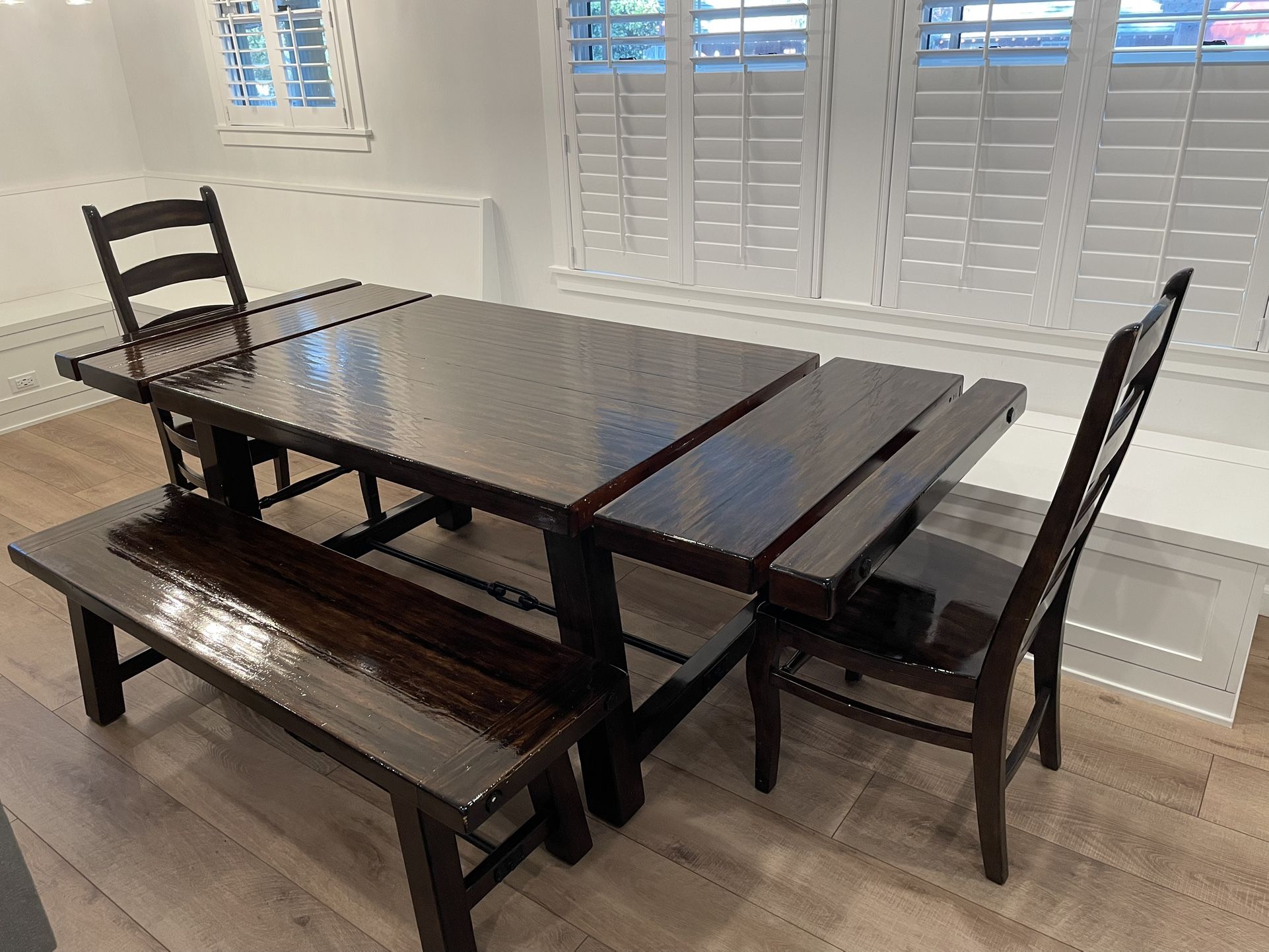 Pottery Barn Benchwright Extending Dining table W/ Bench & 2 Chairs