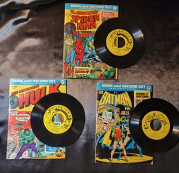 VINTAGE 1974 MARVEL BOOK & RECORD SET X 3 BUNDLE SPIDERMAN, HULK & BATMAN