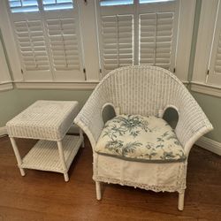 Vintage White Wicker Chair & Side Table