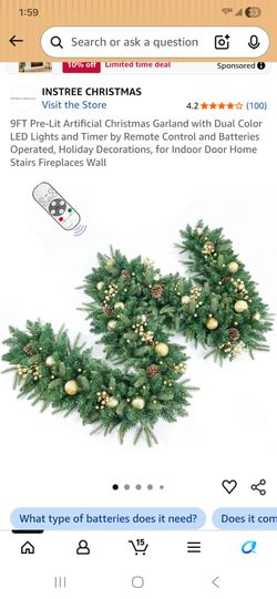 9FT Pre-Lit Artificial Christmas Garland with Dual Color LED Lights and Timer by Remote Control and Batteries Operated, Holidav Decorations, for Indoo