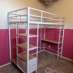 Young Girls, pre teen (white) twin bed with vanity and storage bins, shelves and clothes hanger rod. 