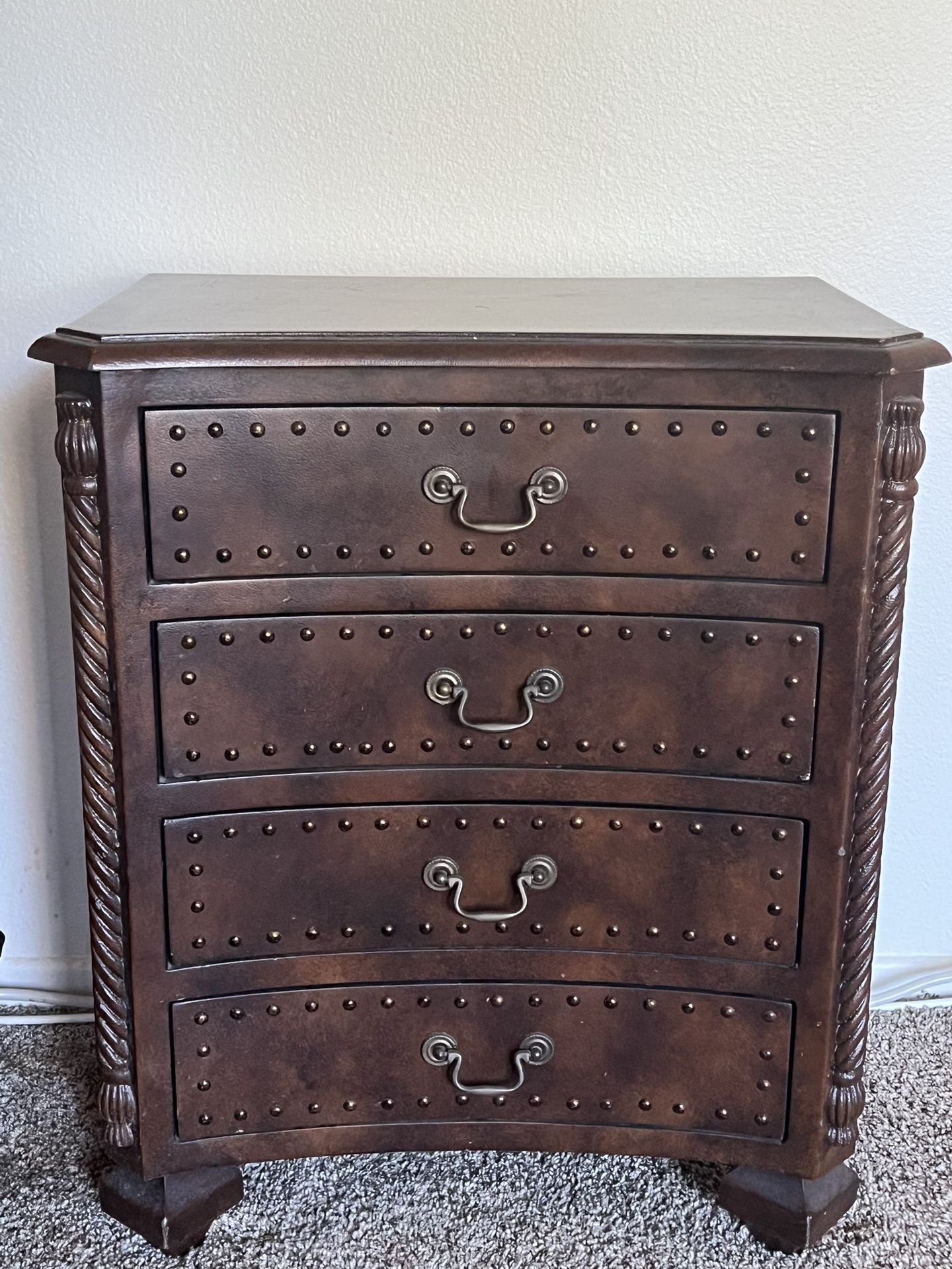 Brown Leather Pattern Solid Wooden Drawer Night Stand, Antique Wooden Chest With Nail Head Detail, Bow Front Dresser